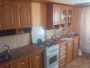 a kitchen with wooden cabinets and a stove top oven at Shelter Pid Lypamy in Mykulychyn