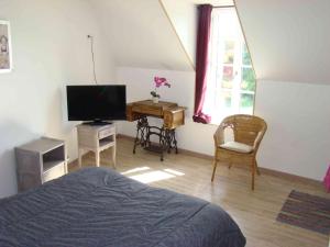 a bedroom with a bed and a desk with a television at A la belle dame in Nogent-sur-Seine