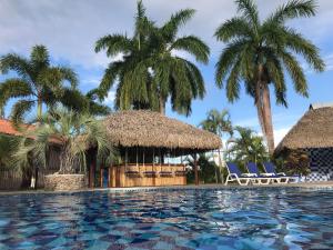 a swimming pool with chairs and palm trees at Studio Unit in Beautiful Resort in El Mangote