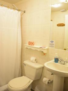 a white bathroom with a toilet and a sink at Hotel Borde Lago in Puerto Varas