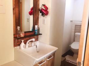 a bathroom with a sink and a mirror and a toilet at Guest House Kutomare in Kure