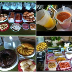 un collage de cuatro imágenes de diferentes tipos de alimentos en Joaquina 433 - Pousada Floripa, en Florianópolis