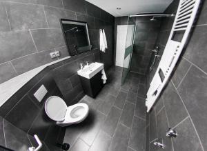 een badkamer met toilet, wastafel en douche bij Bedroom in Neurenberg