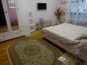 a bedroom with a bed and a rug and a mirror at Lushpy Apartment in Sumy