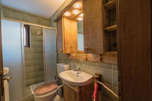 ein Badezimmer mit einem Waschbecken, einem WC und einem Spiegel in der Unterkunft Apartment Christine in Weyregg
