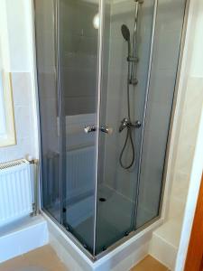 a shower with a glass door in a bathroom at Apartament Bartolomeo - Skandynawski in Toruń
