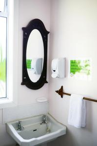 La salle de bains est pourvue d'un lavabo et d'un miroir. dans l'établissement Braemar House B&B and YHA Hostel, à Whanganui