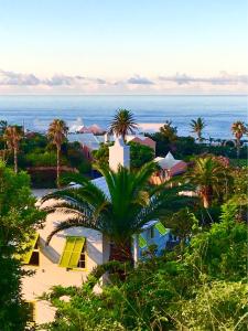 a view of a resort with palm trees and the ocean at Villa Lisa Bermuda in Southampton
