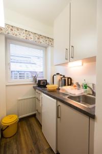 cocina con armarios blancos, fregadero y ventana en Appartementhaus Lafenthaler mit kostenlosem Eintritt in Alpentherme, en Bad Hofgastein