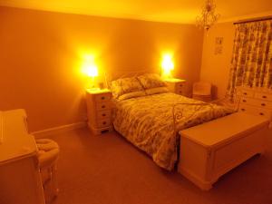 a bedroom with a bed with two lights on it at Hilltop Cottage, Barnard Castle in Barnard Castle