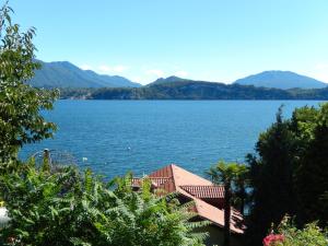 vista su una grande pozza d'acqua con montagne di Il Nido sul Lago a Stresa