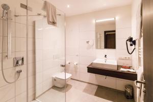a bathroom with a shower and a toilet and a sink at DuDa Boarding Apartments in Langenbruck +16 photos
