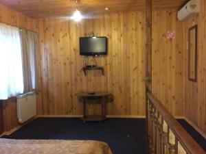 a room with a bed and a television on a wall at Podilskii Dvir in Yakushintsy