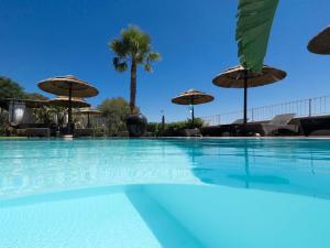 a swimming pool with umbrellas and a palm tree at Boutique Hotel Su Sergenti in Villasimius
