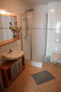 La salle de bains est pourvue d'un lavabo et d'une douche. dans l'établissement Fewo An der Duene 5b_BAER, à Karlshagen