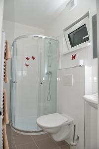 La salle de bains est pourvue d'une douche, de toilettes et d'un lavabo. dans l'établissement Penzion a Restaurace Pintovka, à Tábor