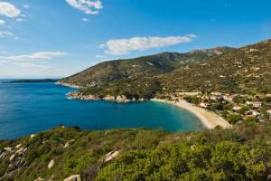 a view of a beach with a town and the ocean at Hotel Baia Imperiale in Campo nell'Elba