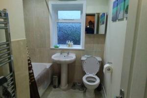 een badkamer met een wastafel, een toilet en een raam bij Bonny Colne On The Hill in Colne