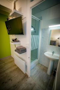 a bathroom with a shower and a sink and a television at Appartement HYPER CENTRE avec WIFI in Troyes