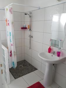 a white bathroom with a shower and a sink at Les cottages de roseau in Capesterre-Belle-Eau +56 photos