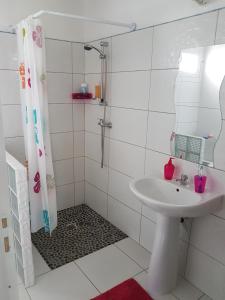 a white bathroom with a shower and a sink at Les cottages de roseau in Capesterre-Belle-Eau