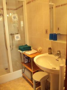 a bathroom with a sink and a shower at Gîtes du Ménez-Hom in Plomodiern