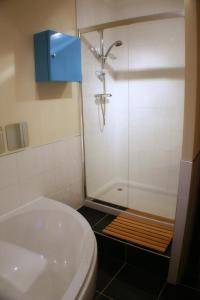 a bathroom with a shower with a toilet and a sink at The Lookout in Helensburgh