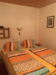 シュルンスにあるHaus Loretzのカラフルな枕が備わる客室内のベッド2台