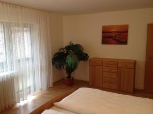 1 dormitorio con 1 cama, vestidor y planta en Ferienwohnung NEA, en Dietersheim