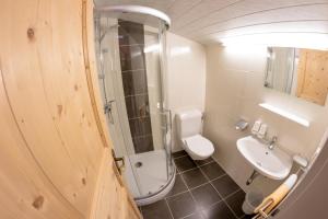 a bathroom with a toilet and a sink at Landhaus Alpenrose in Mayrhofen +30 photos