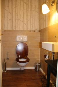 a bathroom with a toilet with a wooden seat at Apartment in Alt-Stadt Köpenick in Berlin