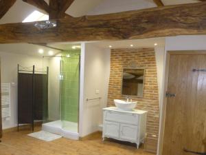 ein Bad mit einem Waschbecken und einer Glasdusche in der Unterkunft Les Rochers in La Forêt-sur-Sèvre