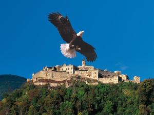 an eagle flying in front of a castle at Apartment in Warmbad Villach in Villach