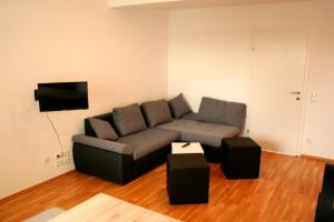 Il comprend un salon doté d'un canapé et d'une télévision à écran plat. dans l'établissement Appartement Neusiedl am See mit Dachterrasse, à Neusiedl am See