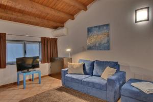 un soggiorno con divano blu e TV di Residence il Cascinetto a Pavia