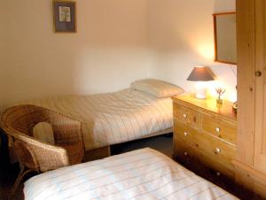 Meliden的住宿－Pen y Parc，一间卧室配有两张床和一个带灯的梳妆台。