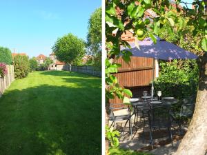 two images of a yard with a table and an umbrella at Beaconsfield Cottage in Briston
