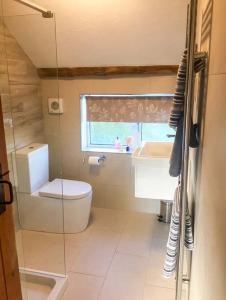 une petite salle de bain avec toilettes et lavabo dans l'établissement Wold Cottage, à Hunmanby