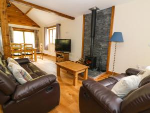 Ploony Hill Lodge في Bleddfa: غرفة معيشة مع أريكة جلدية ومدفأة
