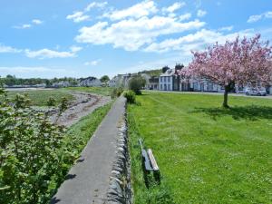 un parque con un banco en el césped y una casa en Torkeld Holiday Cottage, en Garlieston