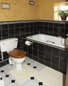 a bathroom with a toilet and a bath tub at Pabo Lodge in Llandudno Junction