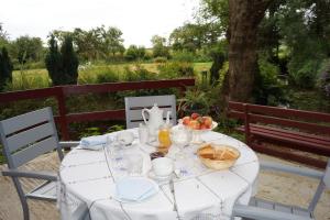a white table with a bowl of fruit on it at Le Moulin du Bignon in Lassy +39 photos