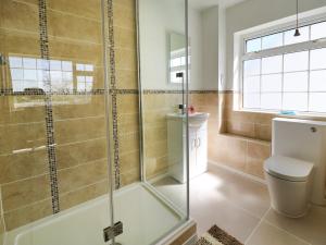 a bathroom with a shower and a toilet at Anglesey White Haven in Llandegfan +13 photos