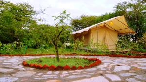 a tree in a circle of red flowers in front of a tent at PrideInn Mara Camp & Cottages in Talek