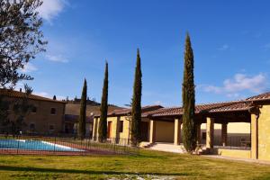 a villa with a swimming pool and cypress trees at Le Checche in Pienza