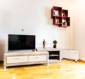 Charming City Center في بودغوريتسا: غرفة معيشة مع تلفزيون بشاشة مسطحة على أرضية خشبية