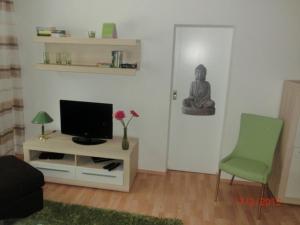 オストゼーバート・カールスハーゲンにあるFewo Duene 26_ZABEのリビングルーム(テレビ、緑の椅子付)