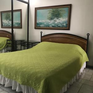 a bedroom with a green bed with two pictures on the wall at Oro Apart Hotel in San Antonio