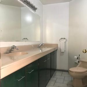 La salle de bains est pourvue d'un lavabo, de toilettes et d'un miroir. dans l'établissement Oro Apart Hotel, à San Antonio