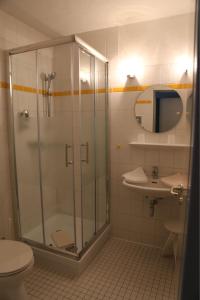 a bathroom with a shower and a toilet and a sink at Pension Villa Beer in Stralsund